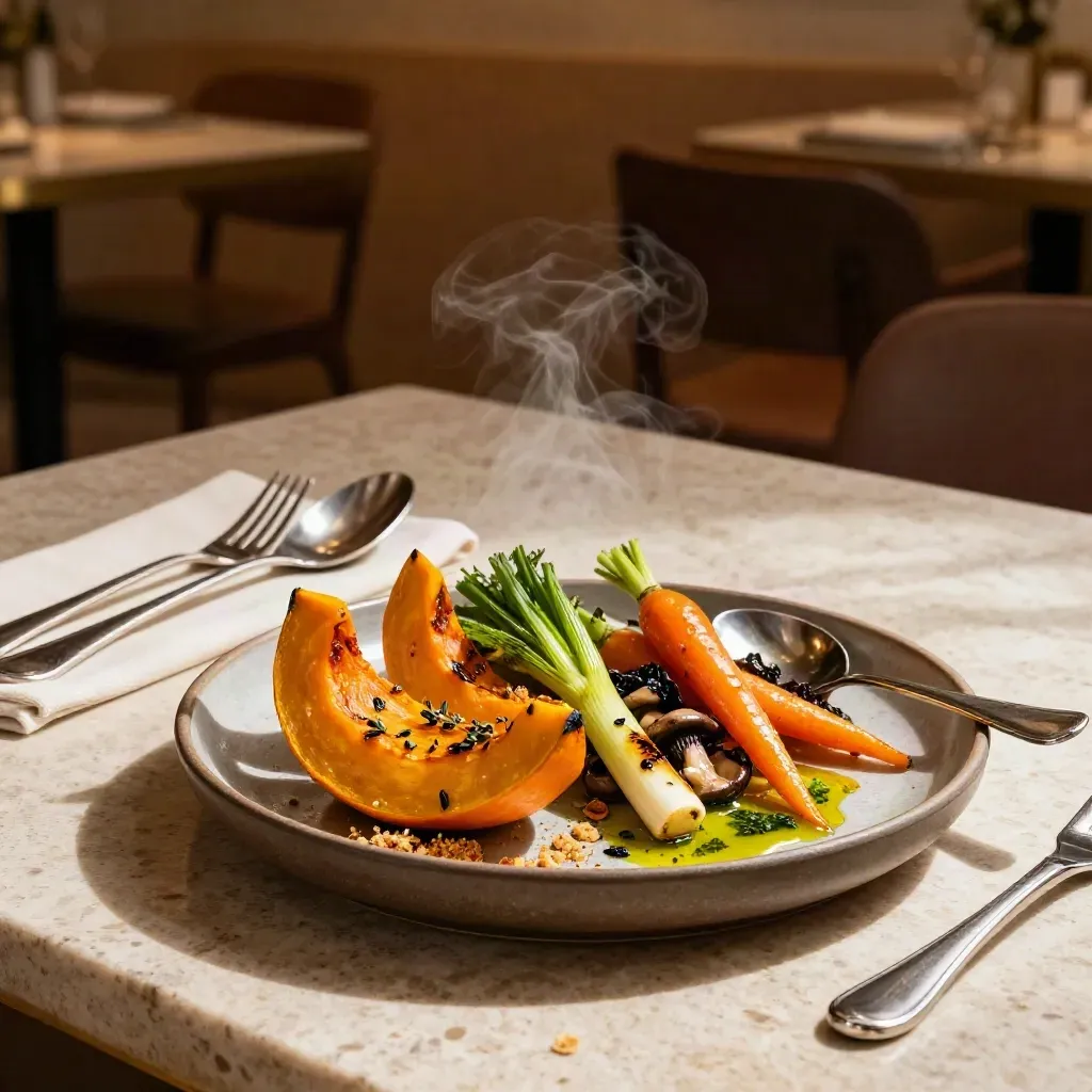 Piatto stagionale con verdure arrosto e erbe fresche su tavola di ristorante milanese.