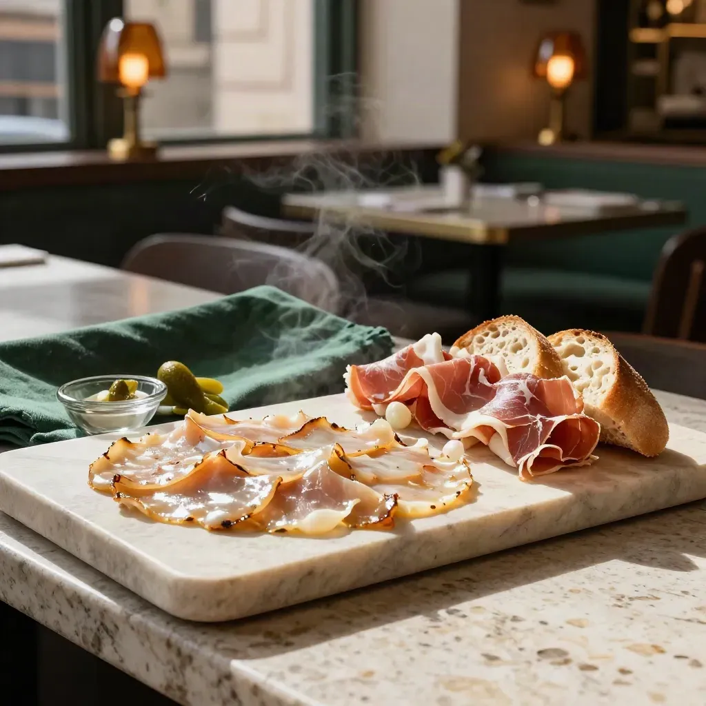 Antipasti milanesi con vitello tonnato, mondeghili, bresaola e pane caldo su pietra.