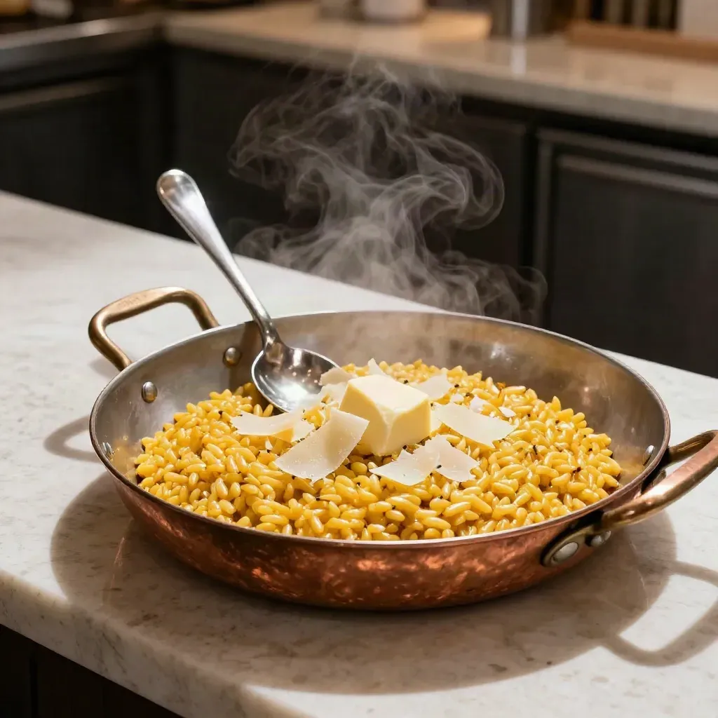 Risotto allo zafferano in padella di rame con parmigiano e burro, vapore caldo