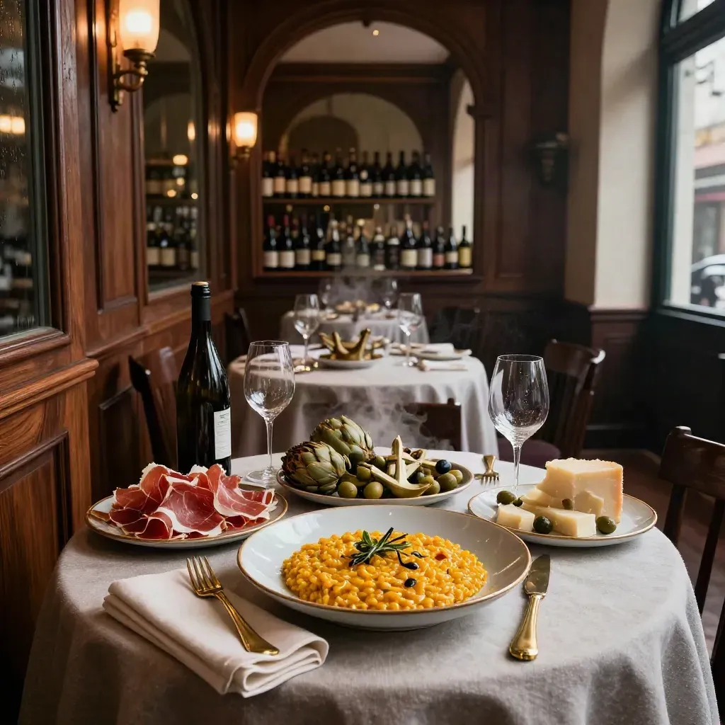 Risotto allo zafferano in una sala milanese elegante, con antipasti, bottiglie e luce drammatica.
