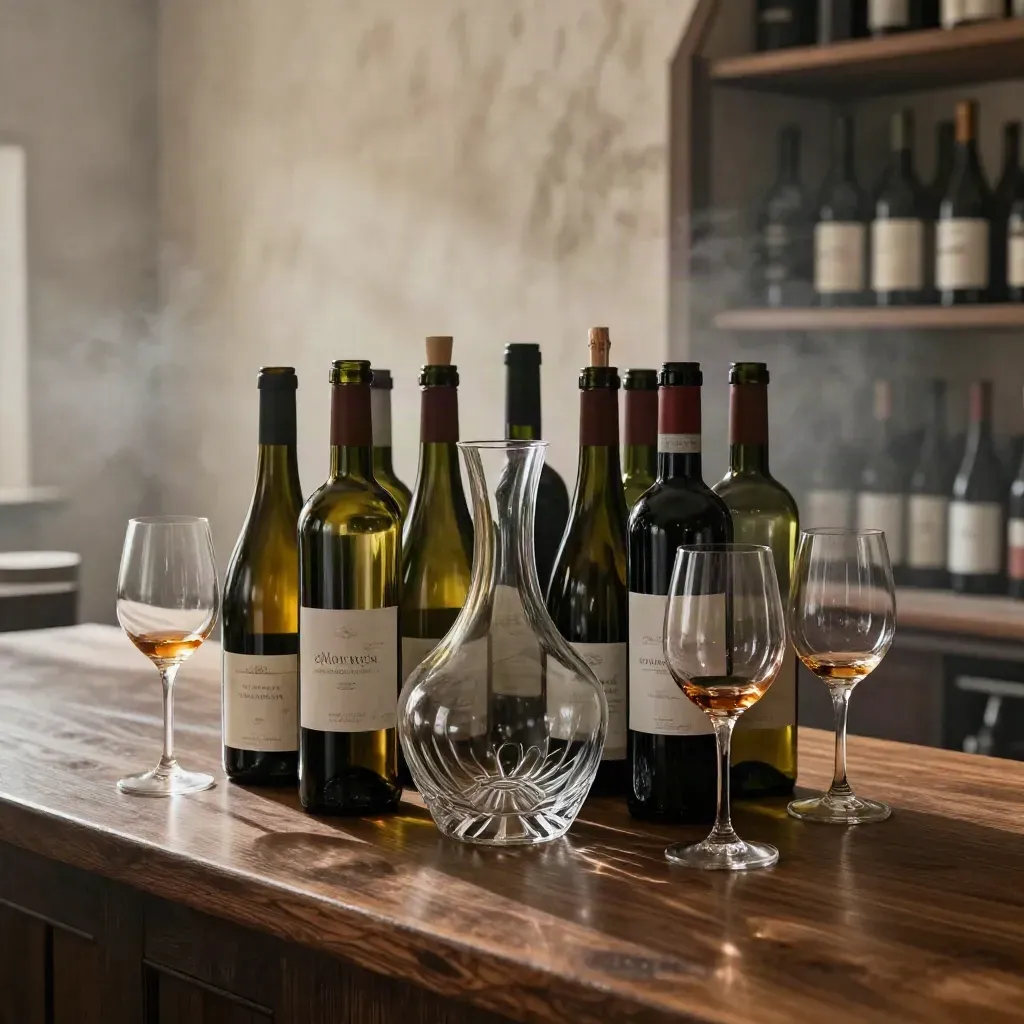 Bottiglie di vino italiane, decanter e bicchieri illuminati da luce calda in un bar scuro.