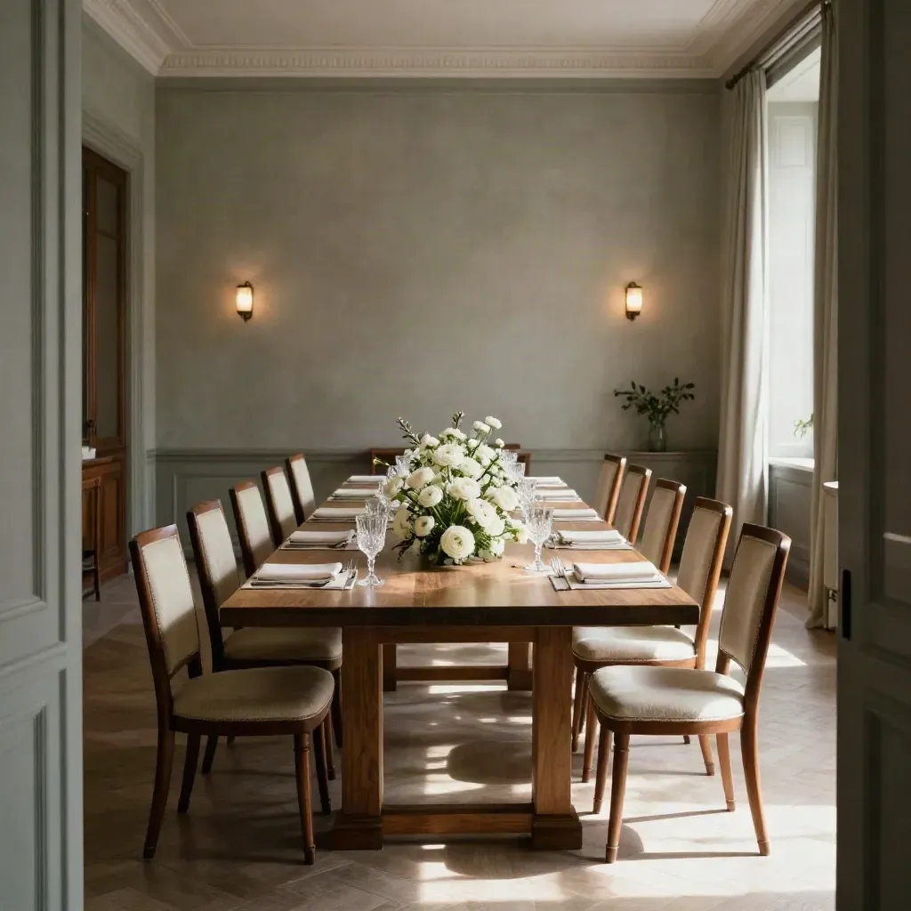 Sala privata apparecchiata per 24 coperti, tavolo lungo, fiori chiari e luce calda di tardo pomeriggio.