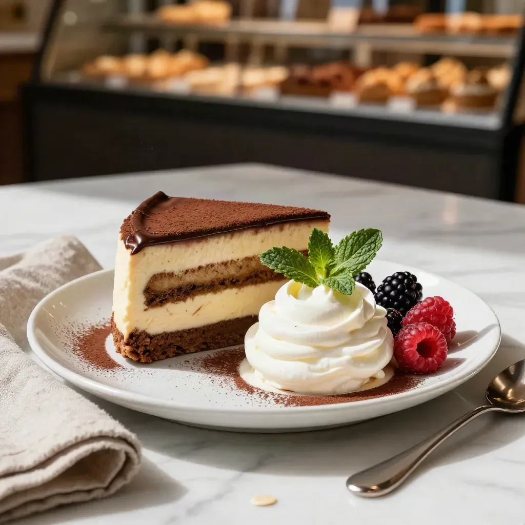 Tiramisù e torta al cioccolato su piatto bianco con cacao e frutti di bosco.