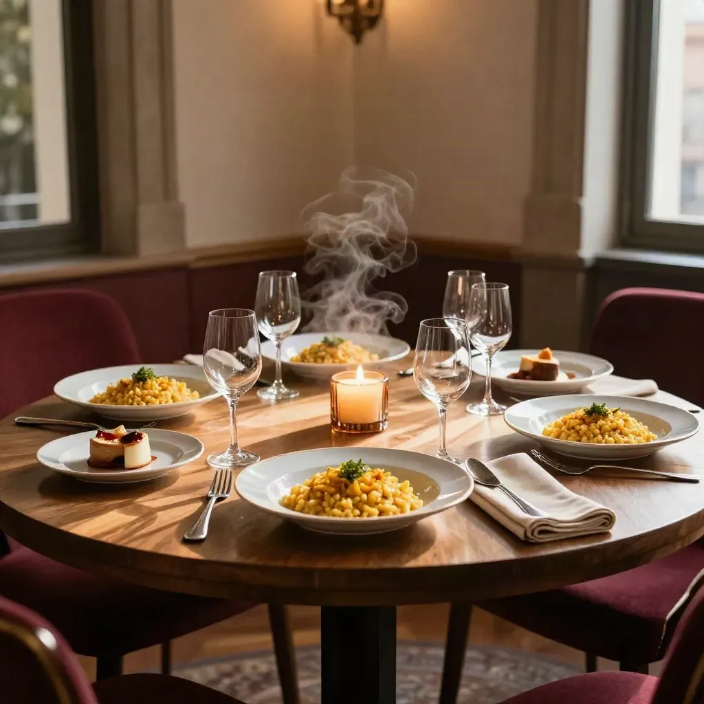 Tavolo rotondo in sala privata con risotti, dolci e candele ambrate, senza persone.
