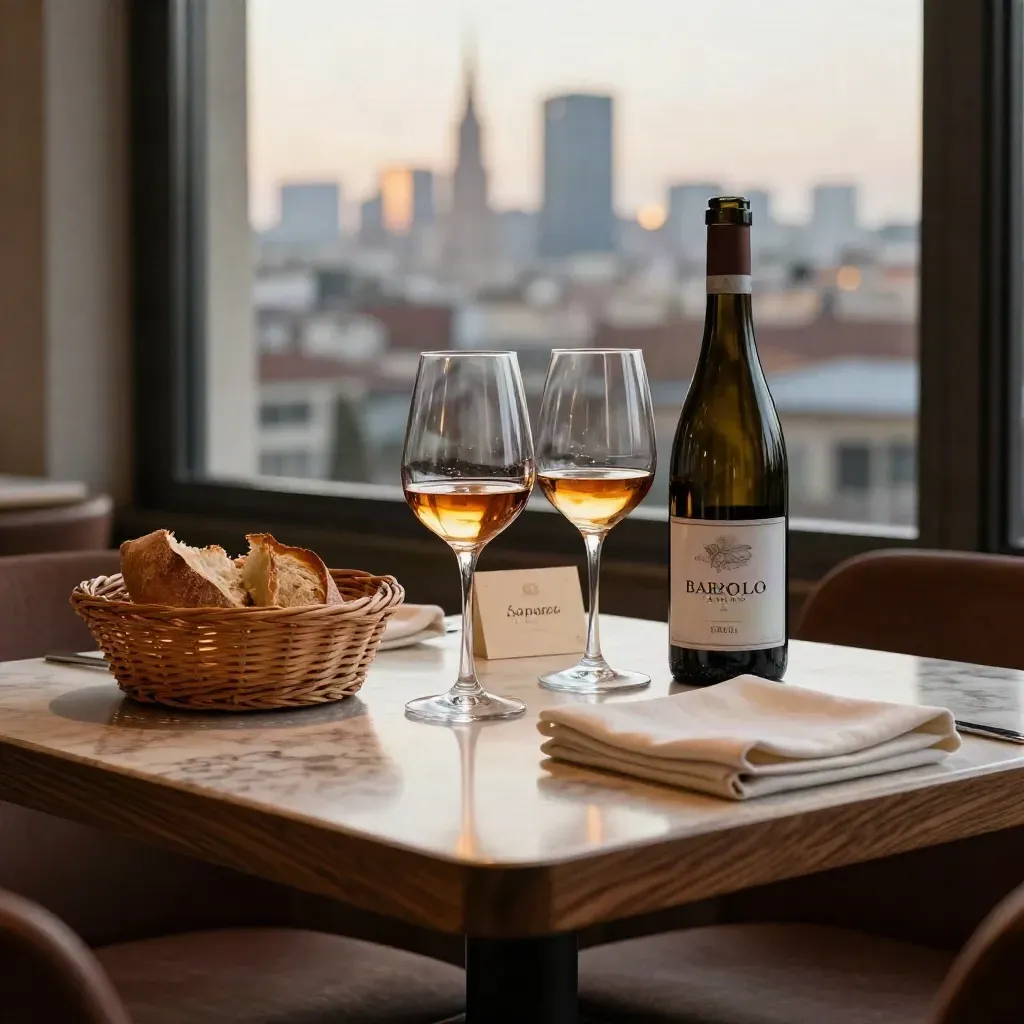 Tavolo riservato vicino alla finestra con vini, pane e vista sulla città.
