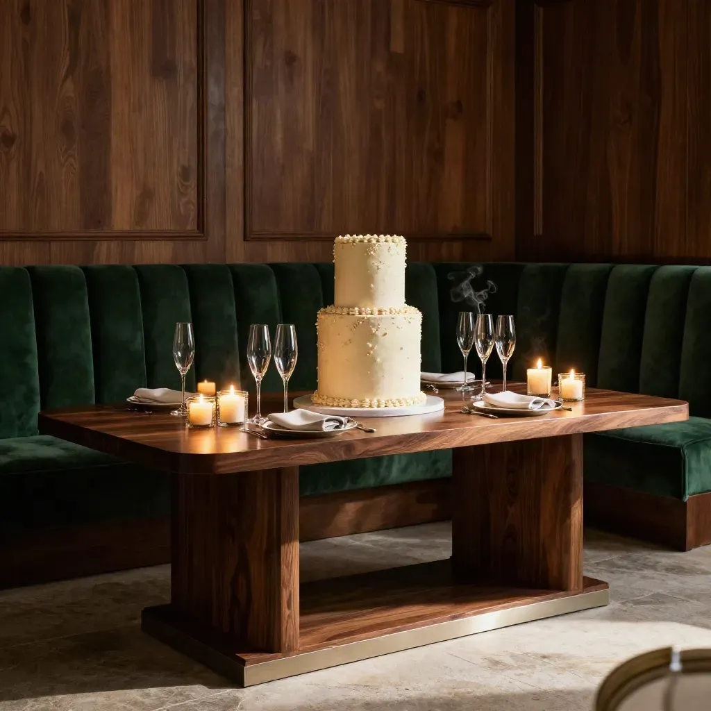 Sala privata elegante con torta alta, flute di champagne e candele in luce calda.