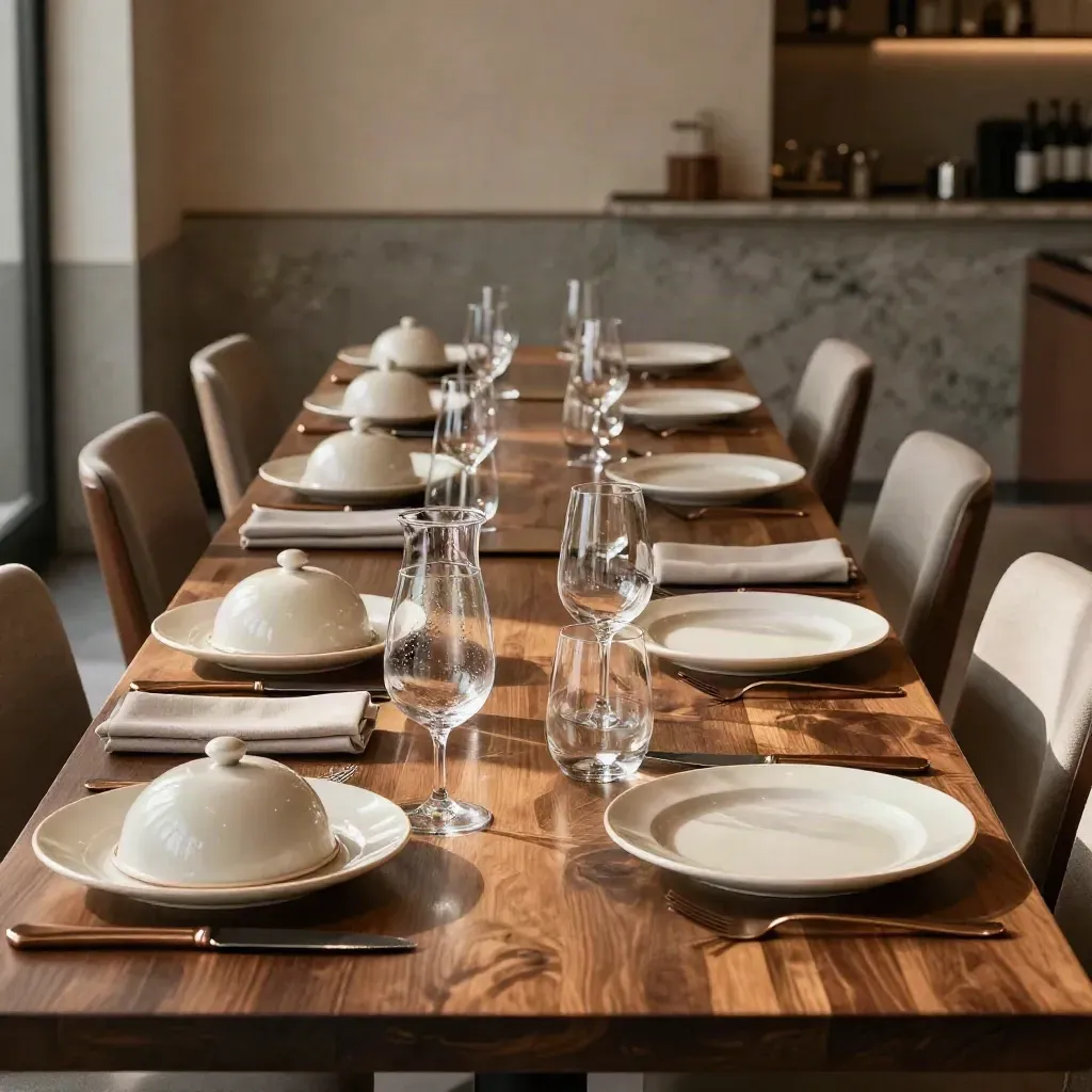 Tavolo conviviale elegante già apparecchiato per 30 coperti in sala privata, stile milanese raffinato.