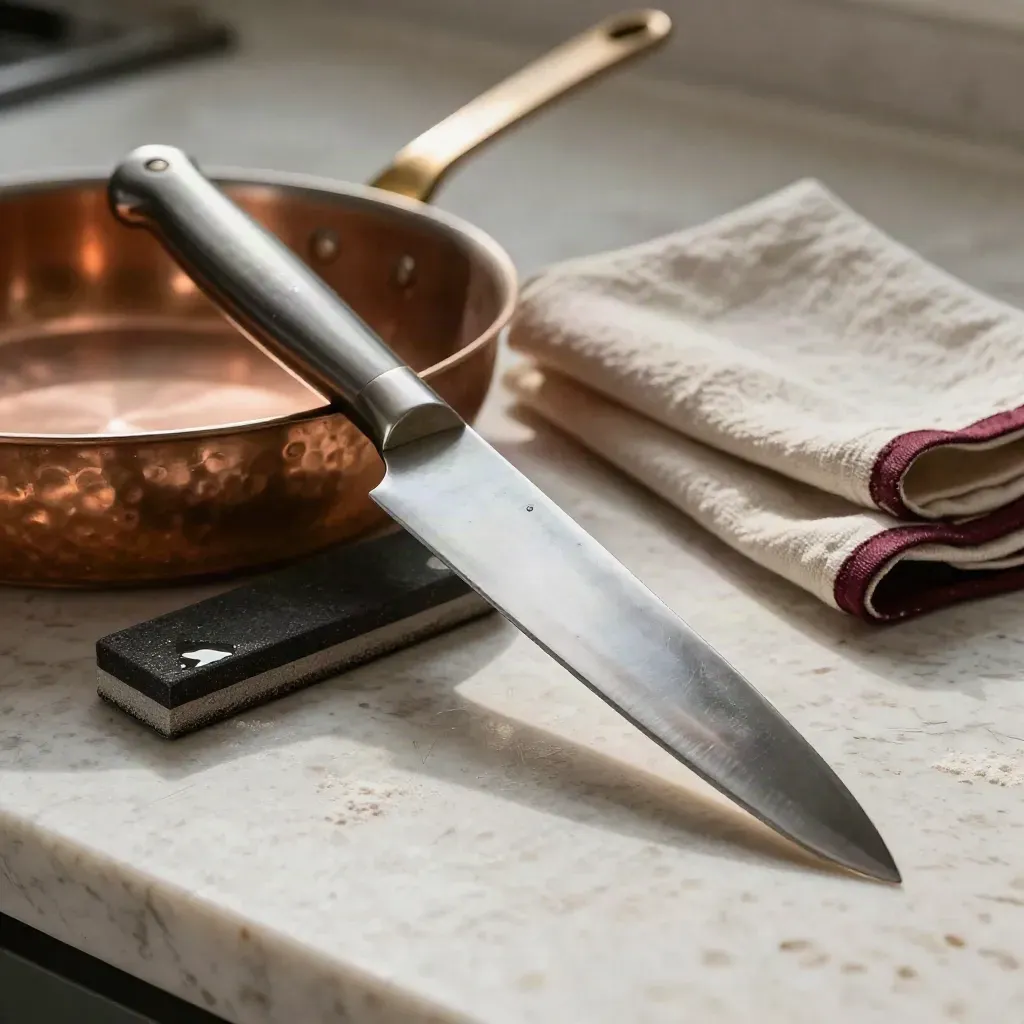 Coltello da chef, padella in rame, pietra per affilare e lino piegato su banco in travertino.