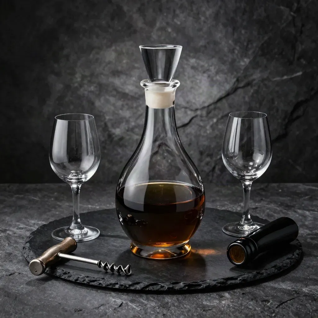 Decanter in cristallo con due calici da degustazione e cavatappi su ardesia nera