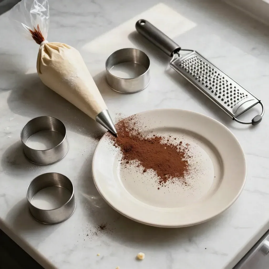 Utensili da pasticceria su banco di marmo con piatto al cacao e polvere in caduta