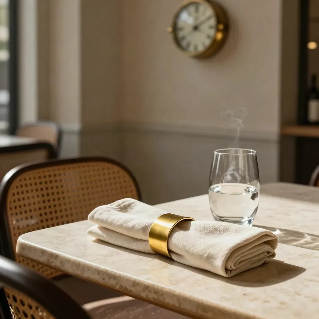 Tavolo pronto in ristorante milanese con tovagliolo di lino, bicchiere d’acqua e orologio sfocato.