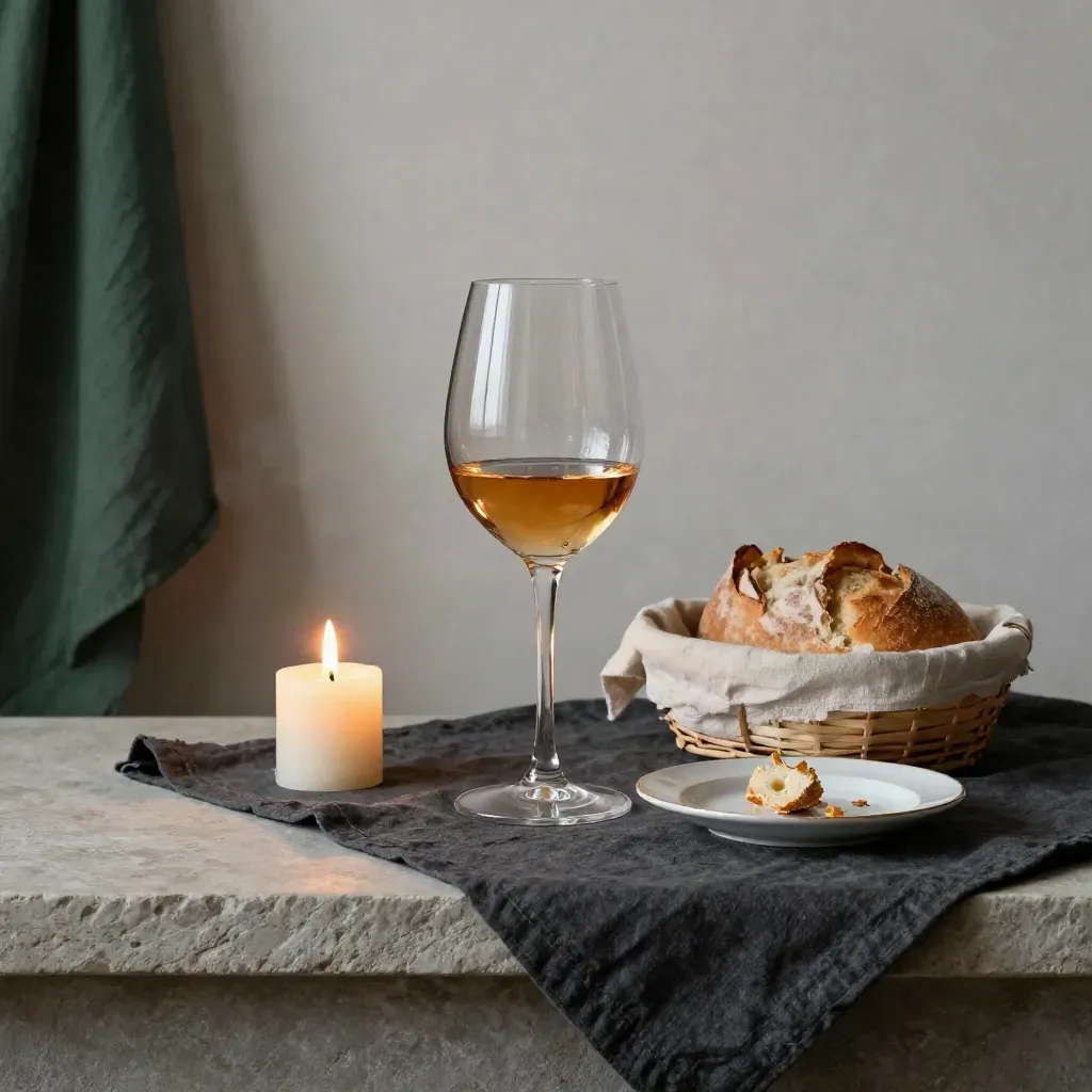Bicchiere di vino, candela bassa, pane e dessert su lino scuro e pietra.