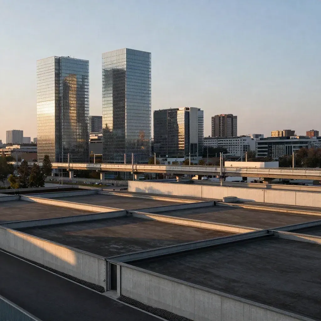 Vista di Porta Nuova al crepuscolo con torri di vetro e binari rialzati tra foschia dorata.