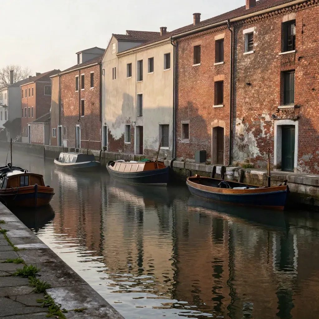 Bacino dei Navigli al tramonto con barche ormeggiate, magazzini in mattoni e riflessi d’acqua.