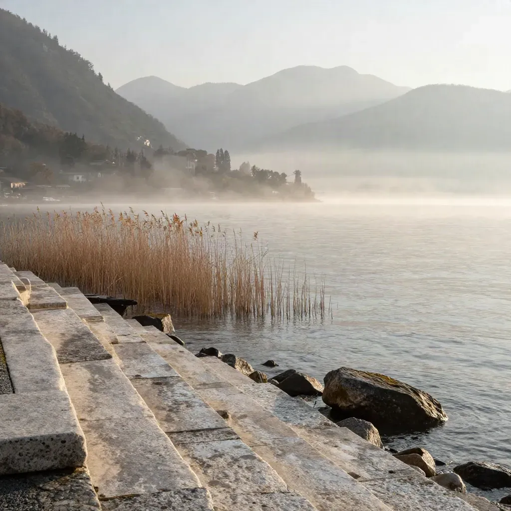 Riva del Lago di Como nella nebbia con colline stratificate e luce morbida sull’acqua